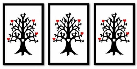 Trio Quadro De Parede Árvore C/ Coração Em Mdf