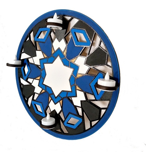 Mandala Decorativa Azul Com 4 Velas De Led - Em Mdf Pintado
