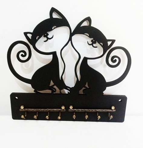 Porta Chaves Gato Duplo C/ 8 Ganchos De Metal - Mdf
